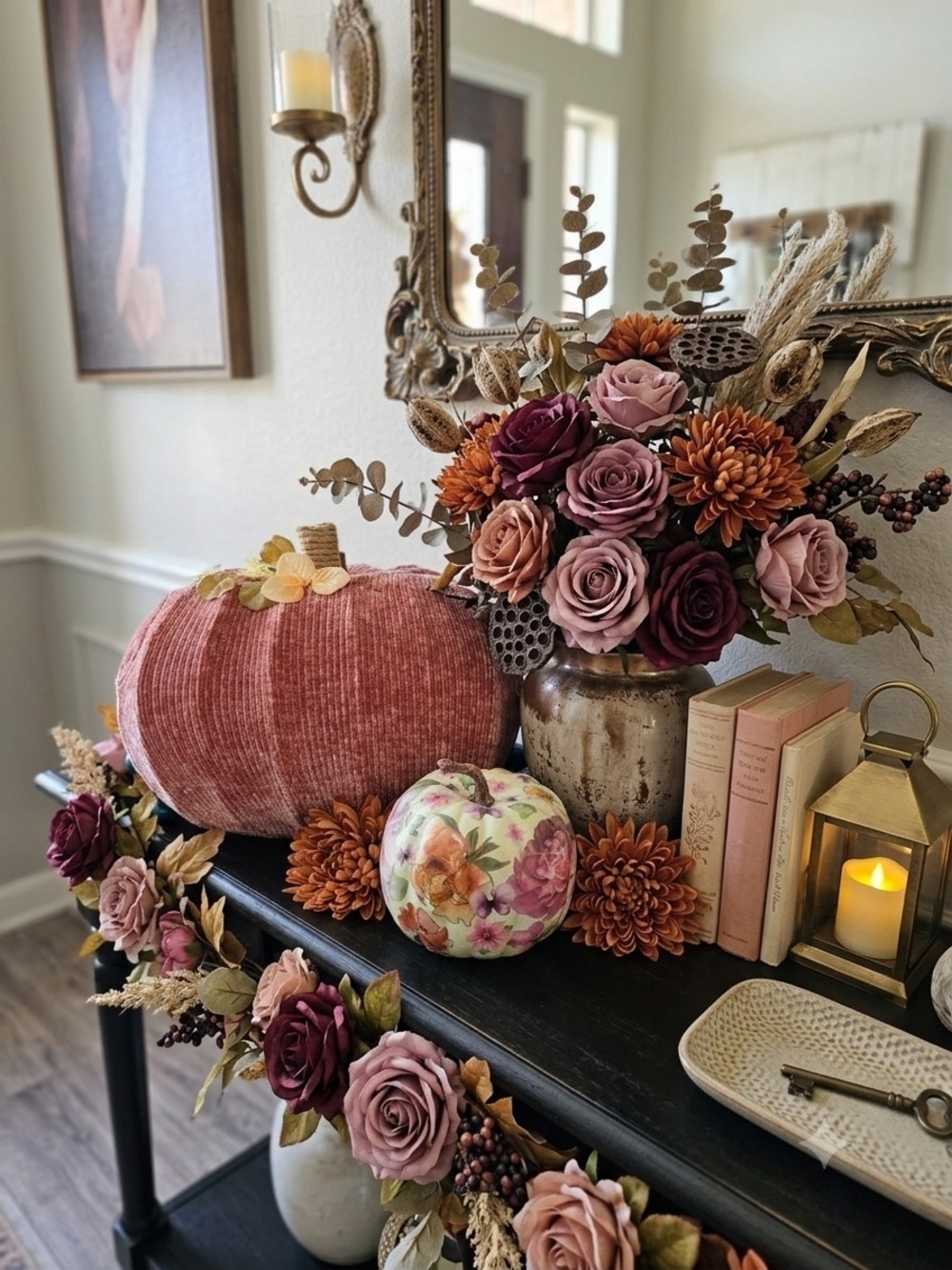 Two Mauve Pink & Floral Chenille Textured Pumpkin Decorative Cozy Autumn Fall